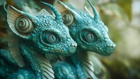 close-up of two small, stylized dragons