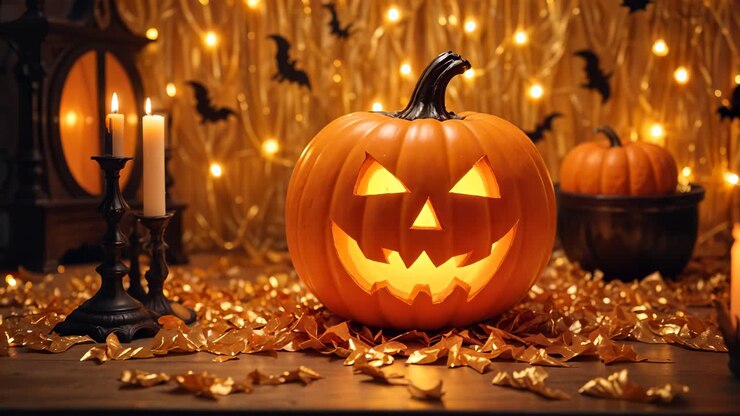 Halloween græskaropsætning med mørke dekorationer
