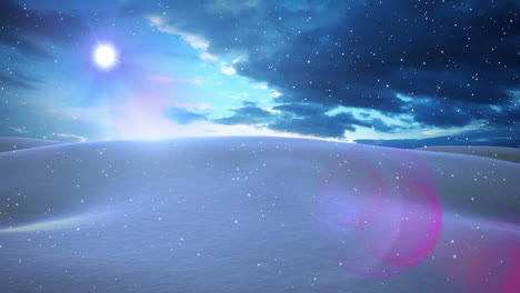 animation of light spots and snow falling over winter landscape
