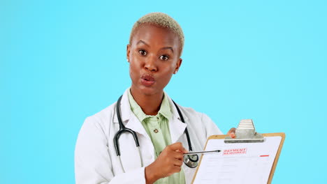 Black-woman,-doctor-and-clipboard-with-document