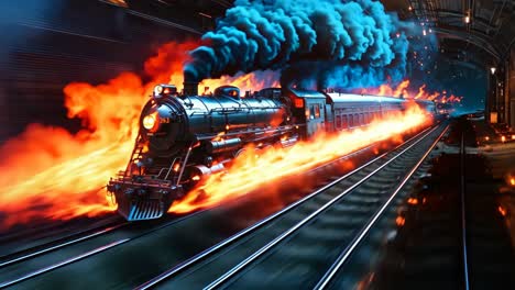 a train with flames coming out of it's engine on a train track