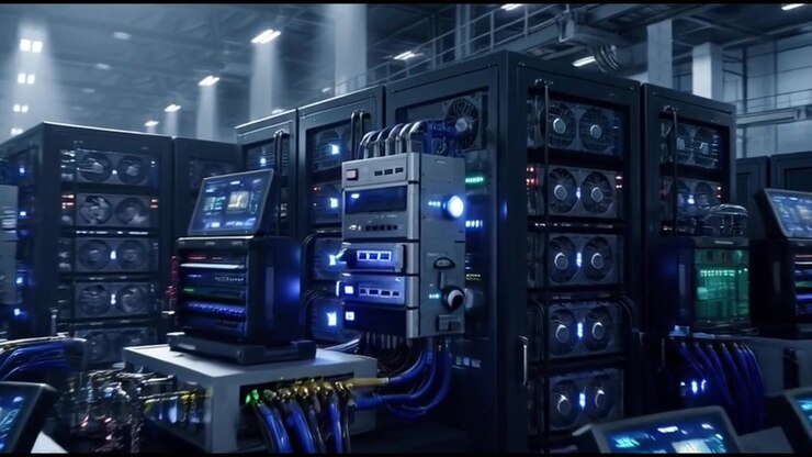 Camera Moving Through Modern Data Center Server Room