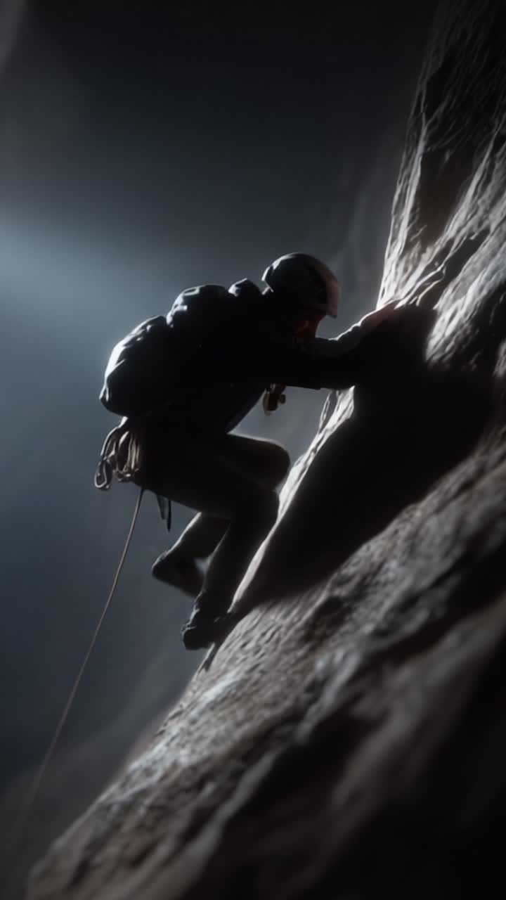 Um Escalador Ascende uma Superfície Íngreme e Rochosa em uma Caverna Mal Iluminada, Demonstrando Determinação e Habilidade ao Navegar pelo Terreno Desafiador com Precisão Focada