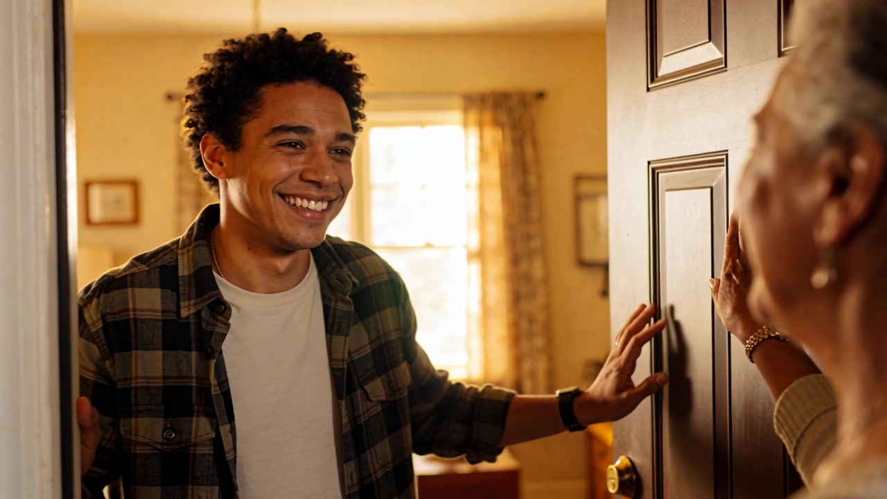 Arriving man leaning on door frame, smiling and greeting senior woman at home during family visit