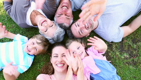 Familia-Extendida-Tumbada-En-El-Parque-Juntos-Sonriendo-A-La-Cámara