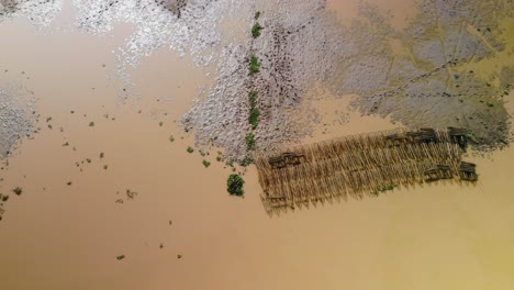 las redes de pesca almacenadas en aguas fangosas en la línea de costa de tonle sap, el avión no tripulado se inclina hacia arriba revelando el horizonte
