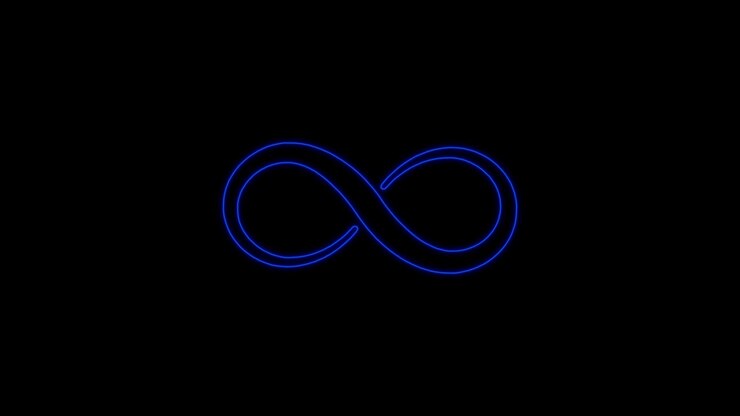 Animated infinity symbol with a neon glow. Abstract neon glowing infinity. On a black background.