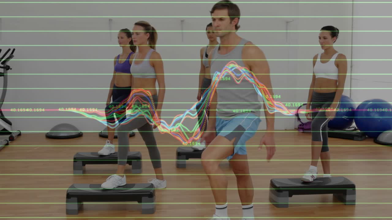 Coach cueing, class performing step-aerobics routine for fitness, waveform scanlines overlaying