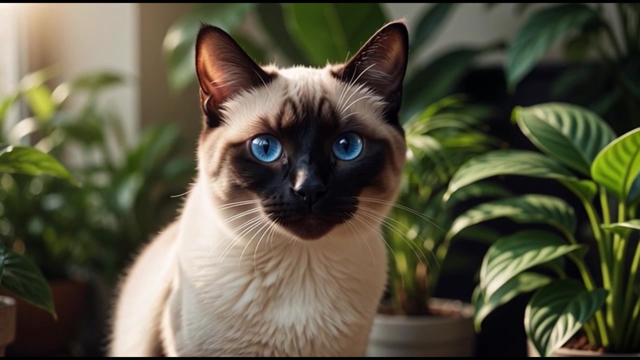 Gatto siamese con occhi azzurri brillanti seduto tra piante da interno