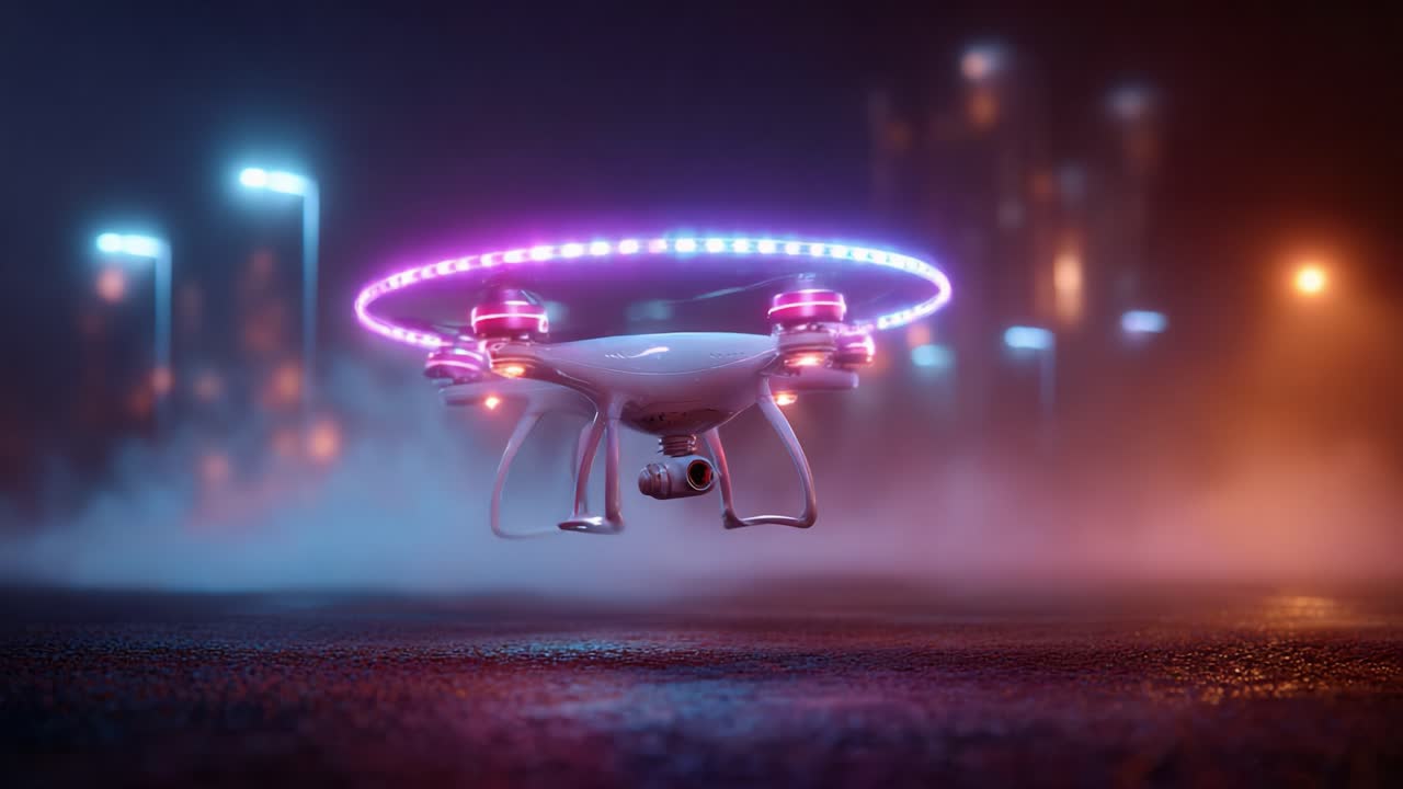 En högteknologisk drönare som svävar i ett futuristiskt stadslandskap på natten, upplyst med vibrerande LED-ljus mot en dimmig urban bakgrund