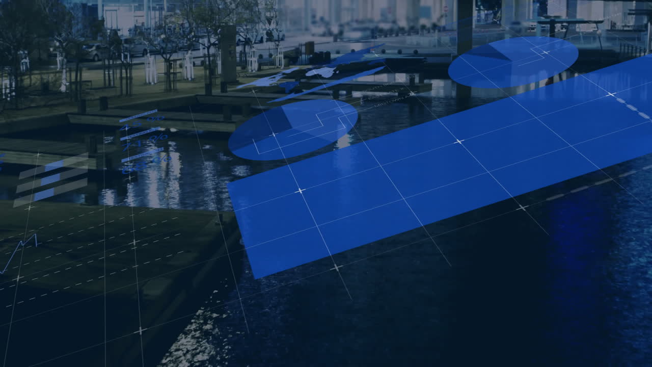 Animation of blue geometric shapes overlaying urban waterfront scene with grid lines