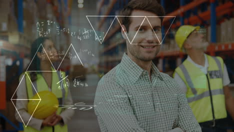 animation of data processing over diverse people working in warehouse