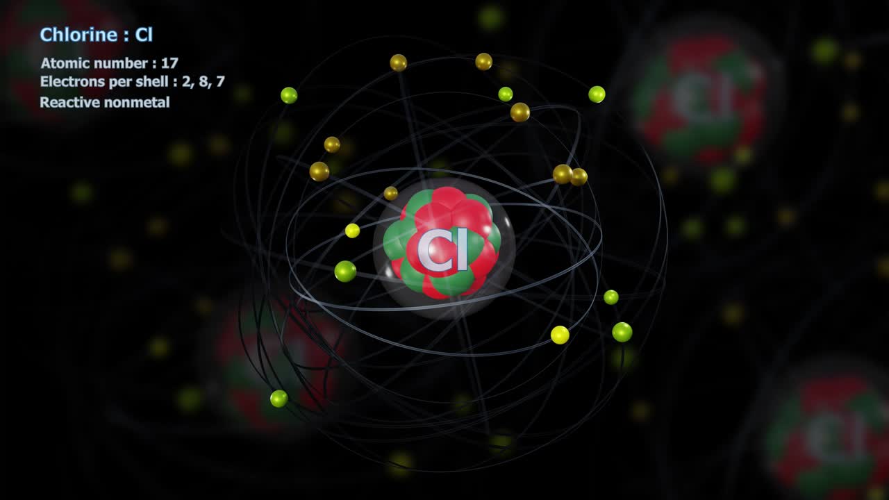 17개의 전자를 가진 염소 원자는 원자들과 무한한 도 회전 속에 있다.