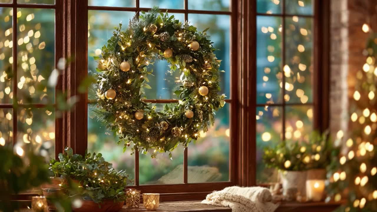 A Beautifully Adorned Holiday Wreath on a Window, Filled with Twinkling Lights and Lush Greenery, Creating a Cozy and Festive Atmosphere for Celebration