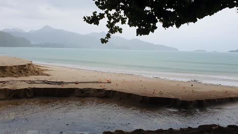 Beach-coastline-scene-covered-by-Fog-and-Rain,-Koh-Chang-Island,-Thailand