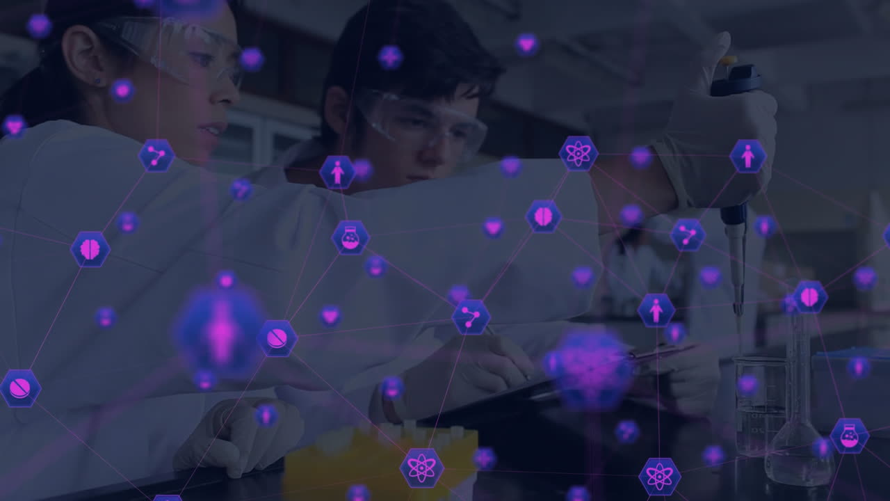 red de iconos de conexiones contra los científicos que trabajan