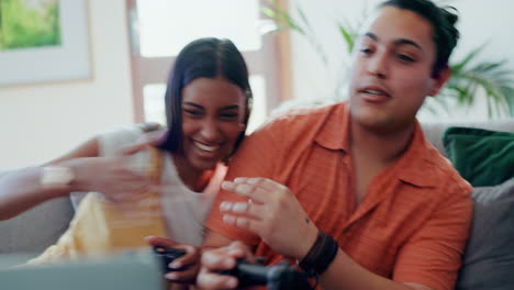 home, smile and couple with video games