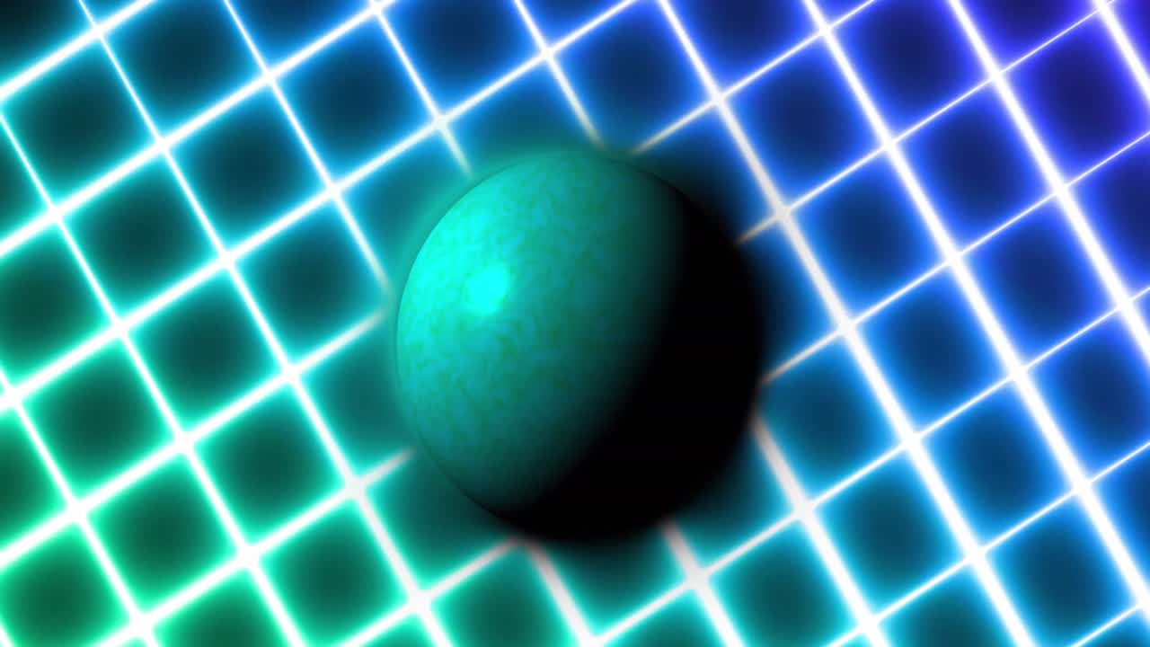 animación de formas de neón en movimiento y globo sobre fondo negro.