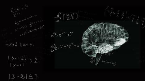 animation of math equation and 3d brain on black background