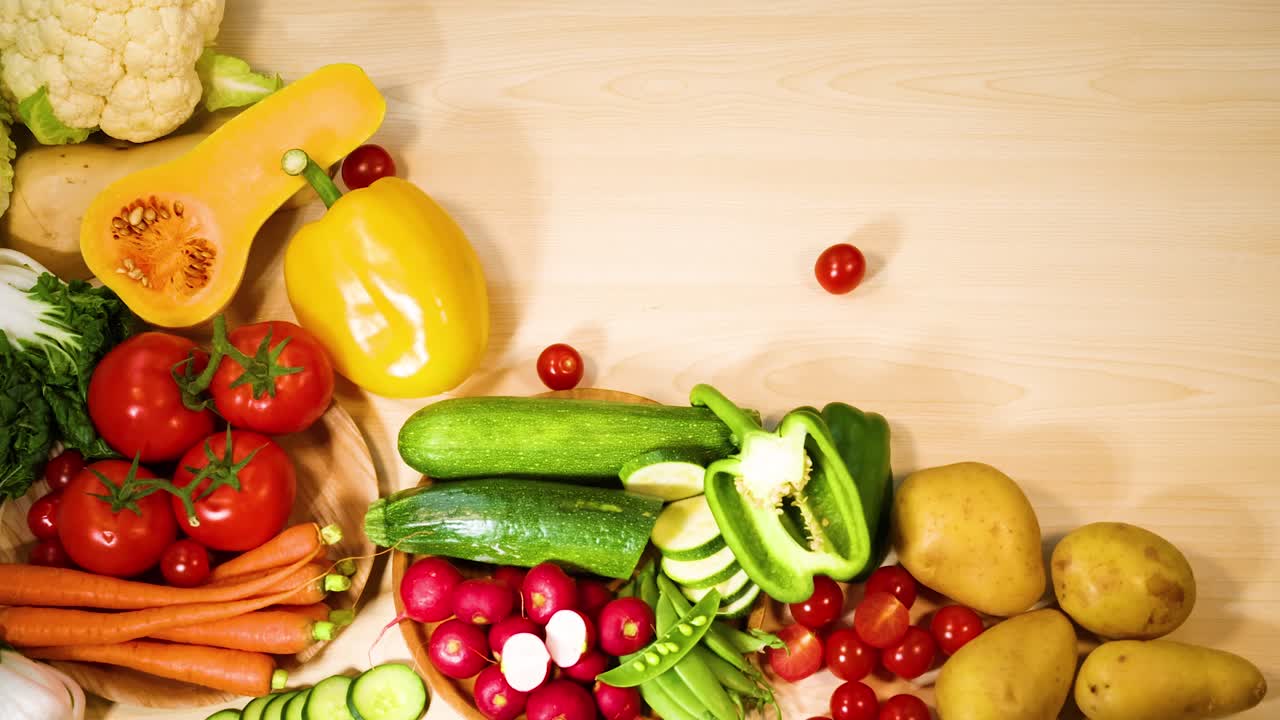 테이블 에 끔 히 배열 된 여러 가지 채소