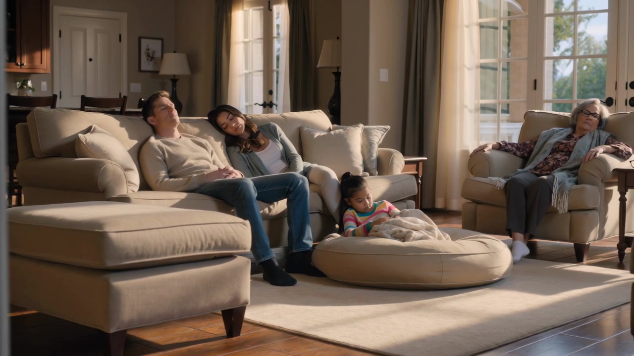 Pulling back camera showing family resting on sofa at home, child using handheld on pouf