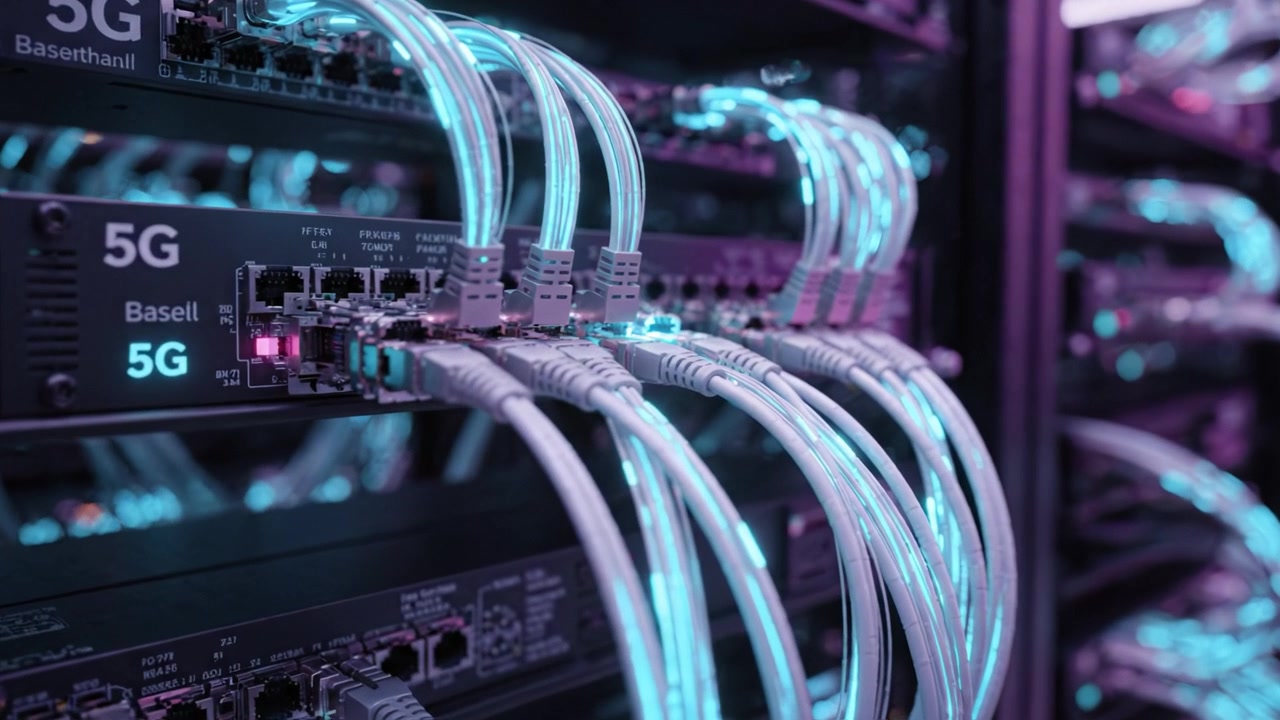 Advanced 5G Network Infrastructure with Illuminated Cables Showcasing Cutting-Edge Technology for Enhanced Connectivity and Data Transmission Performance