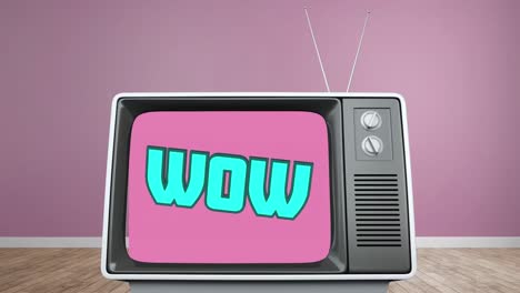 Digital-animation-of-wow-text-on-television-scree-on-wooden-surface-against-purple-background