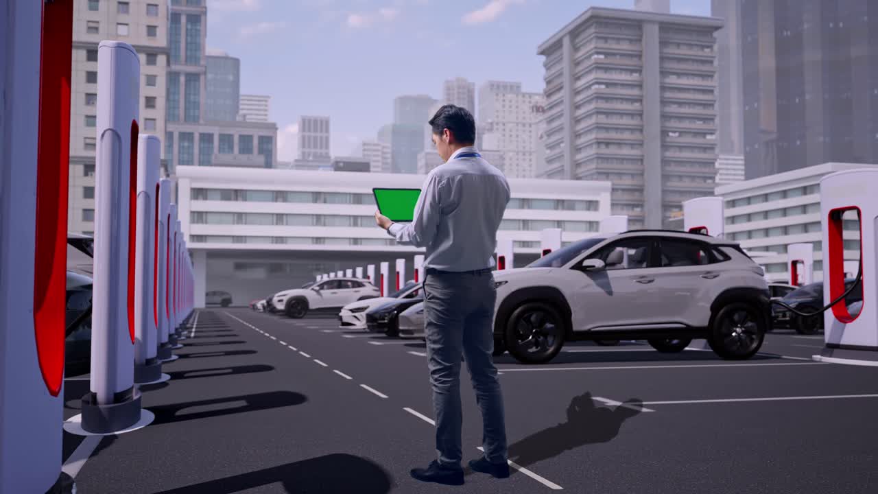 グリーンバックのタブレットを持って立っているアジア人男性のプロフェッショナルワーカーの後ろ姿（全身）。現代の都市ステーションで電気自動車が充電されており、工業施設が背景にある。