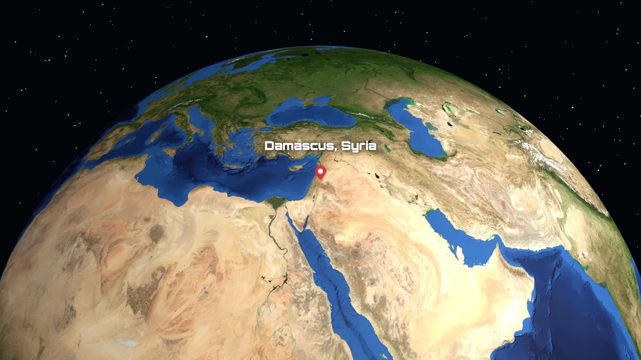 Dijital bir animasyon uzaydan Orta Doğu'ya yakınlaşarak Suriye'nin Şam şehrini işaretliyor.