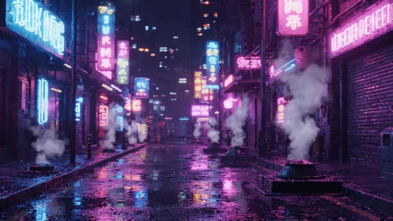 Una vivace scena di vicolo al neon che mostra insegne luminose, nebbia densa e pozzanghere riflettenti, catturando l'essenza di un'atmosfera di vita notturna urbana