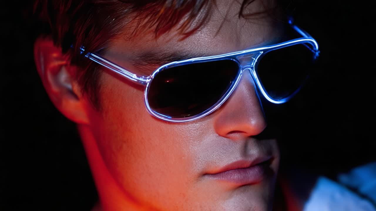 Captivating Close-Up of a Young Man Wearing Stylish Neon Sunglasses, Illuminated by Dazzling Light Effects, Showcasing Unique Fashion and Modern Aesthetic