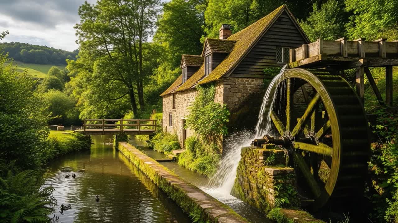 A Serene Watermill Scene with Flowing Stream and Lush Greenery Enhancing the Tranquil Beauty of Nature and Rustic Architecture in the Countryside