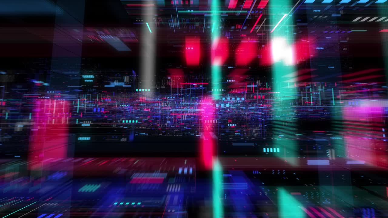 Seamless fly through of abstract circuitry with digital grid background