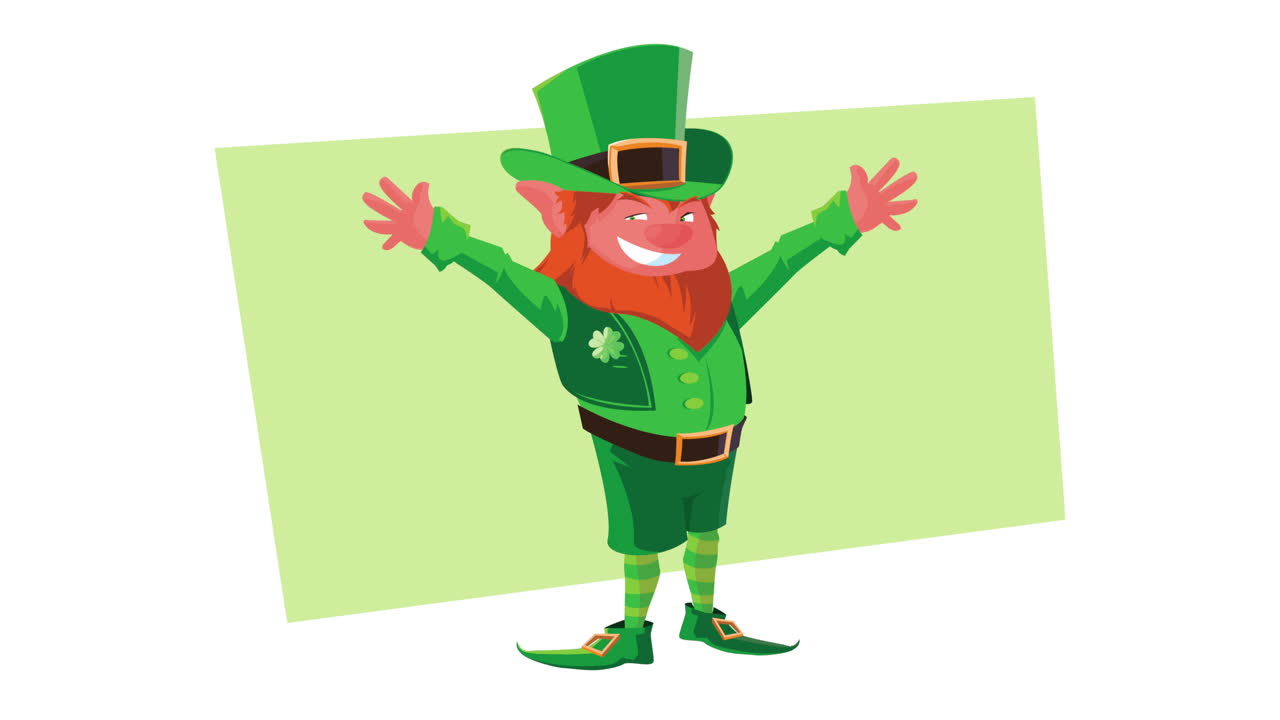 animazione di felice giorno di san patrizio con il personaggio del leprechaun che celebra