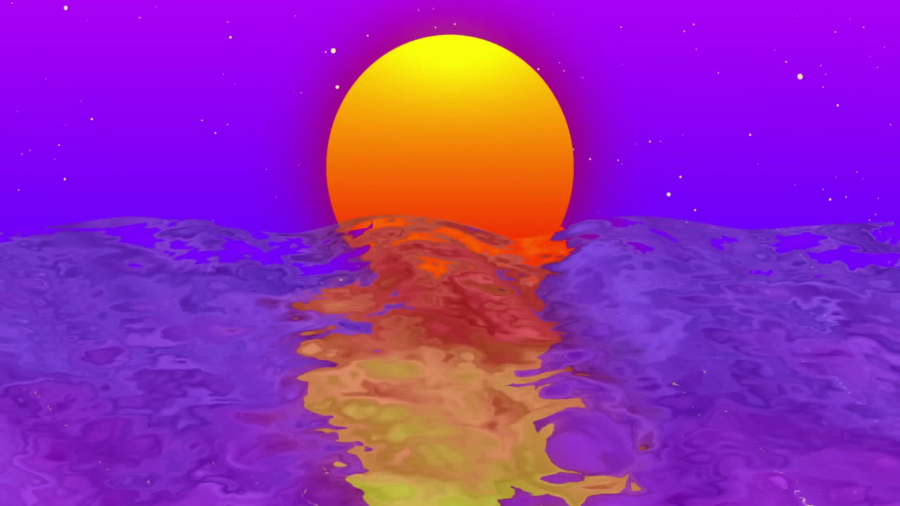 바다의 파도 위에 해가 지는 생동감 넘치는 색과 별이 가득한 하늘의 애니메이션