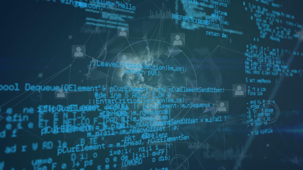 Animation of networks of connections and data processing over black background