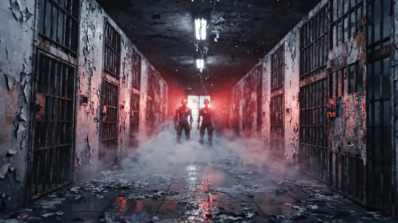 Mysterious Figures Emerge from the Shadows of a Dark, Abandoned Prison, Enveloped in Mist and Surrounded by Crumbling Walls and Rusty Bars Reflecting Desolation