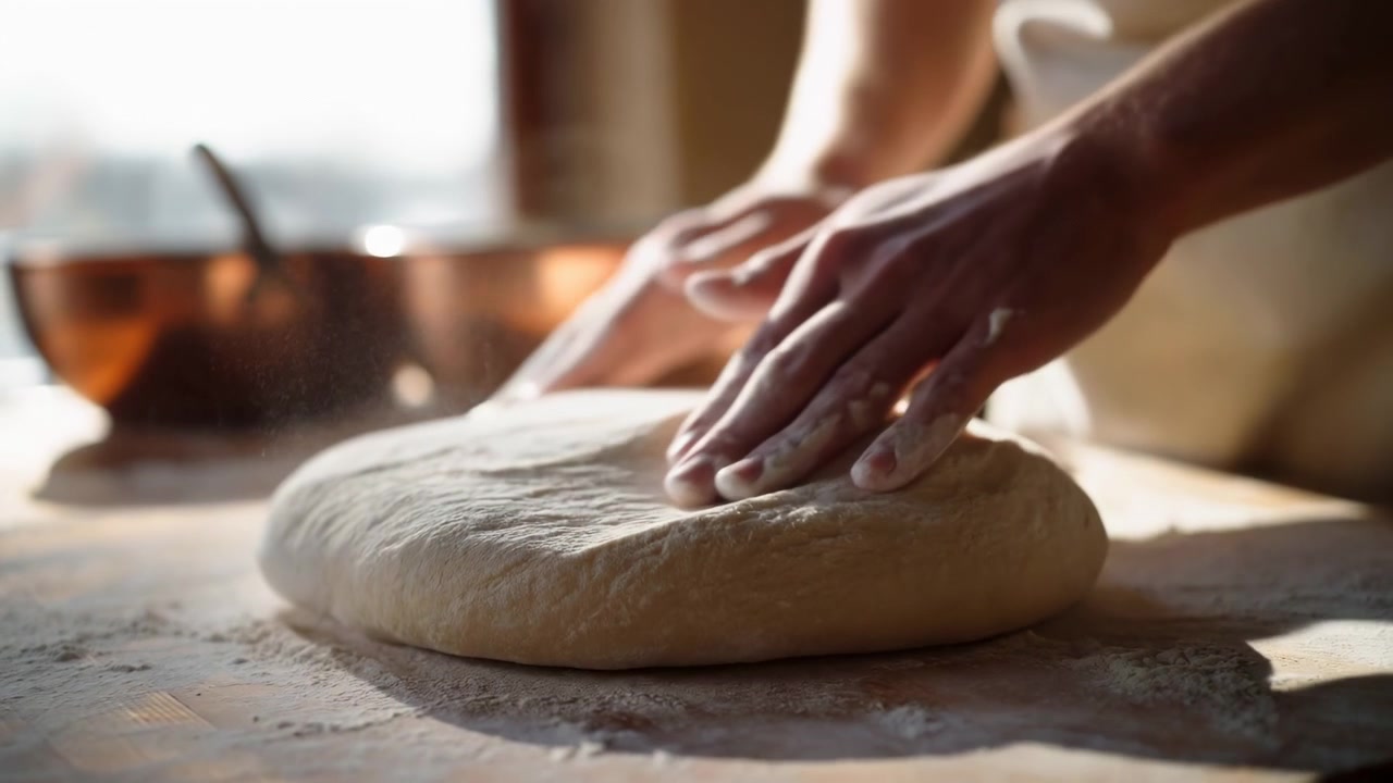 Palms and fingertips press, smooth, and fold rounded dough on heavily floured wooden work surface while warm low-angle sunlight backlights fine flour particles, creating soft rim highlights, gentle