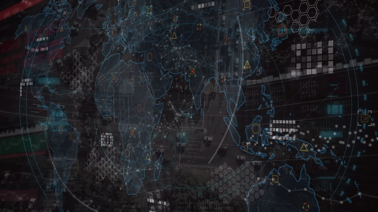 Animation of scope scanning and world map with data processing over cityscape