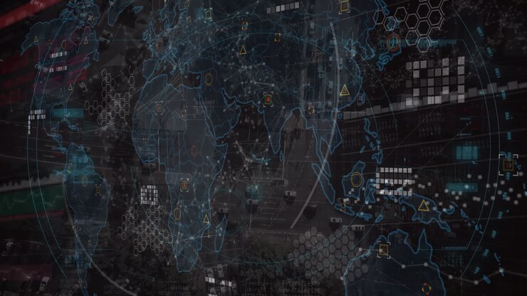 Animation of scope scanning and world map with data processing over cityscape