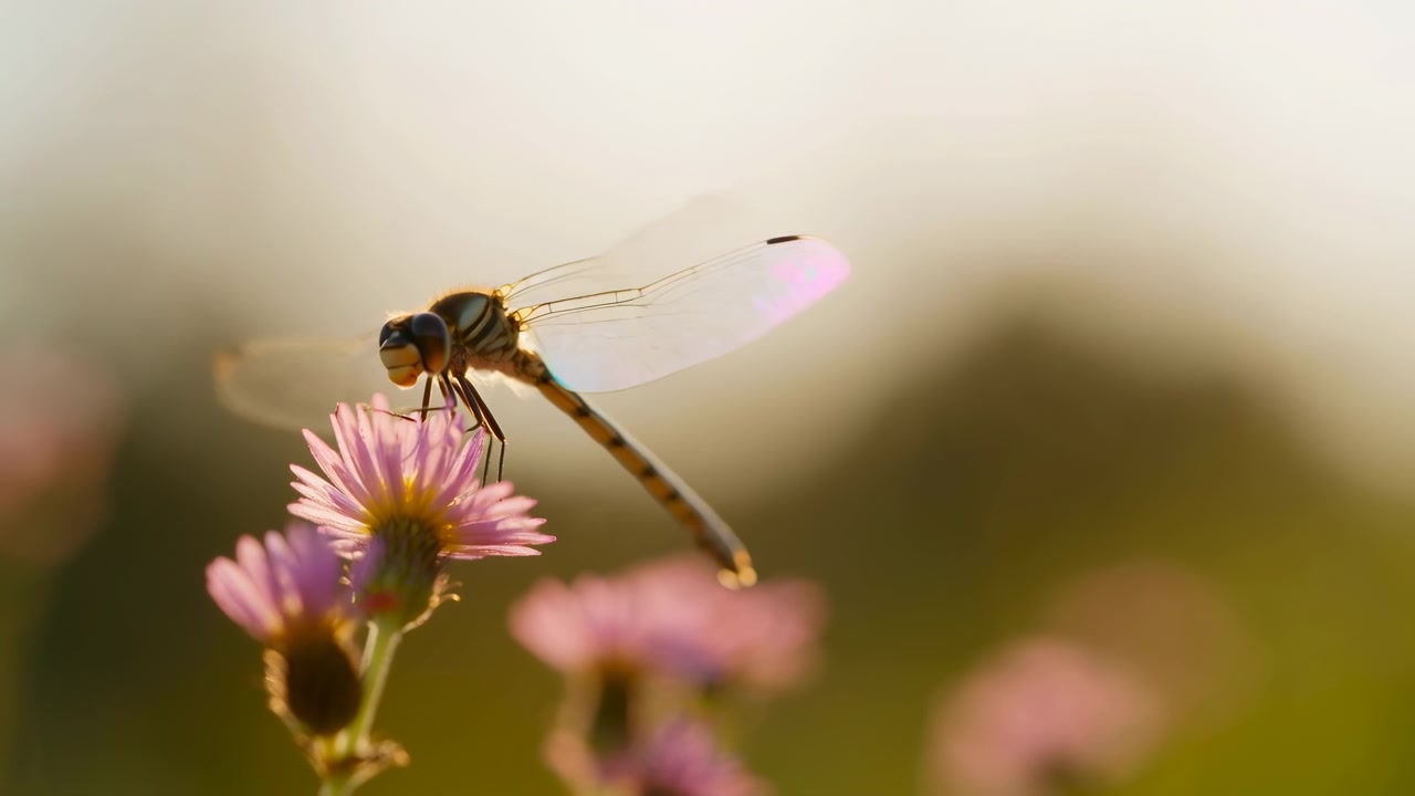 Una libellula è immortalata in un primo piano macro, posata su un bocciolo di fiore in un ambiente esterno tranquillo. La scena è vibrante con tonalità rosa e verdi, enfatizzando l'atmosfera pacifica e serena.