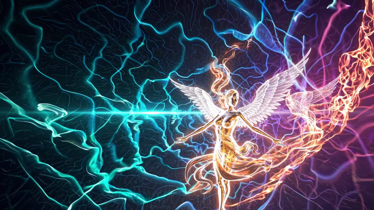 Golden angel spreading majestic wings against a vibrant, celestial background, radiating a symphony of light and energy, embodying transformation and divine inspiration in a mystical realm