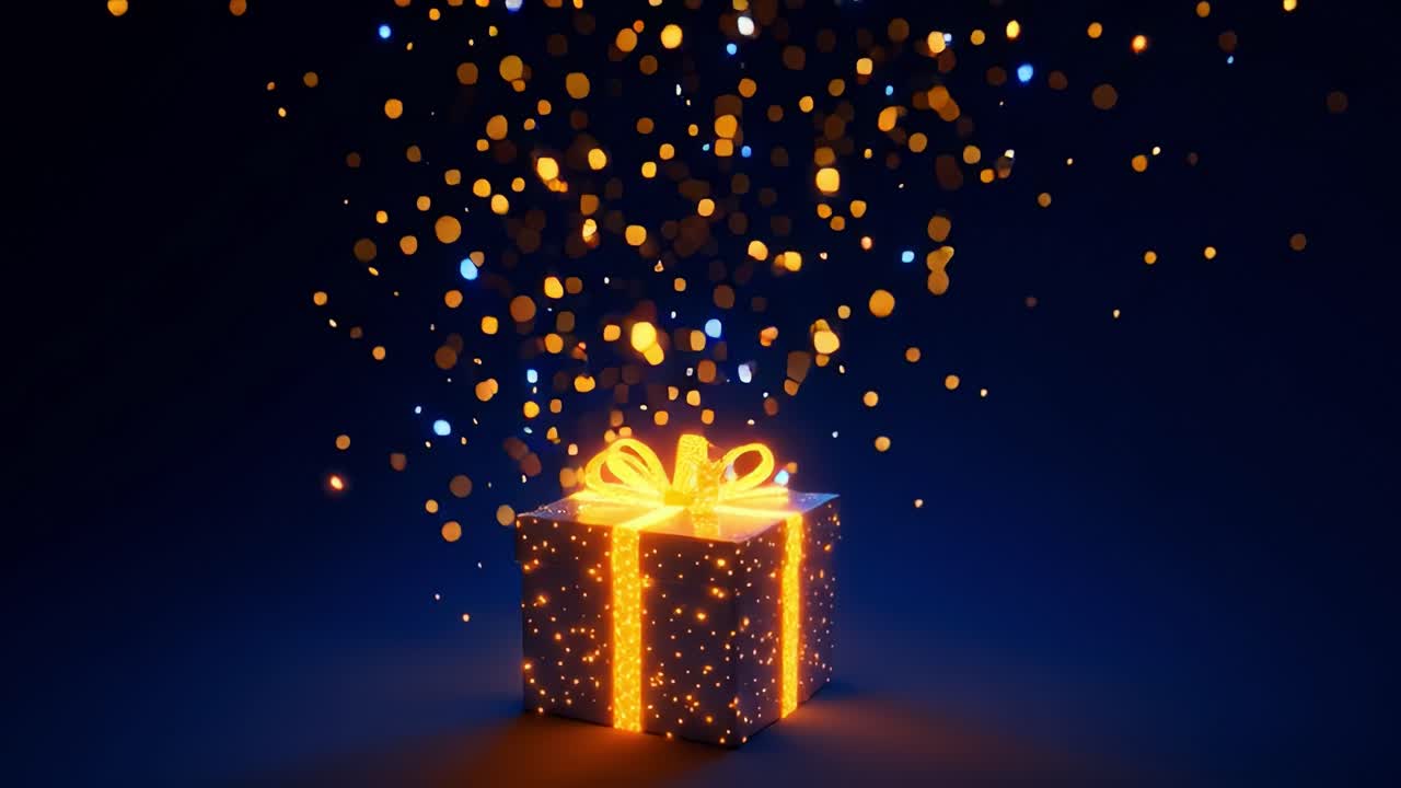 A Mystical Gift Box Glows with Enchantment as Sparkling Particles Emanate, Creating a Dreamy Atmosphere of Celebration and Anticipation Awaiting Unwrapping Joyous Surprises
