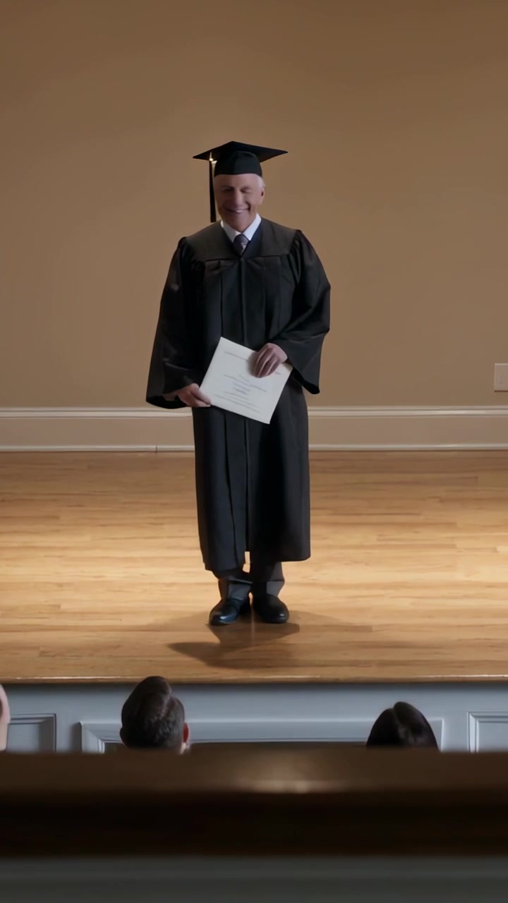 Video verticale: Un laureato entra da sinistra in toga e tocco, camminando sul palco e inchinandosi al pubblico, tenendo il diploma.