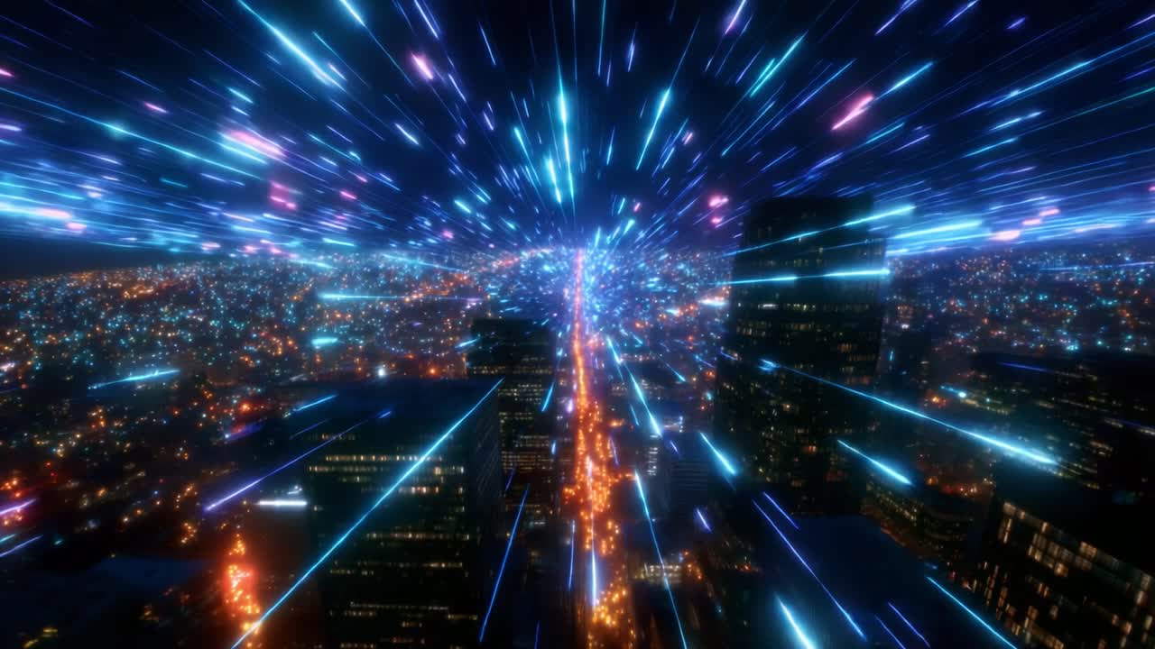 Vibrant Cityscape in Motion: A Stunning Visual Representation of Light Trails and Energy Flowing Through an Urban Landscape, Capturing the Essence of a Bustling Night Environment with Dazzling Lights