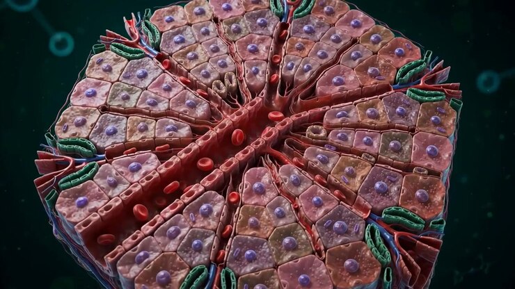 3D animation of a liver tissue cross-section showing cells and blood vessels