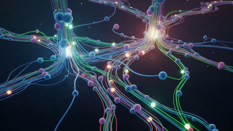 intricate network of colorful lines and nodes representing neurological connections, highlighting the complexity of synaptic interactions and neural pathways in a digital environment