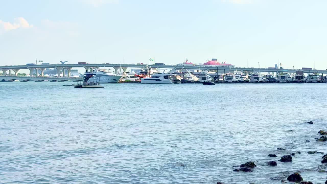 A picturesque view of Miami Marina featuring luxury yachts docked by the sparkling waters of Biscayne Bay, with the iconic Biscayne Bay Bridge and cruise ships in the distance under a clear blue sky.