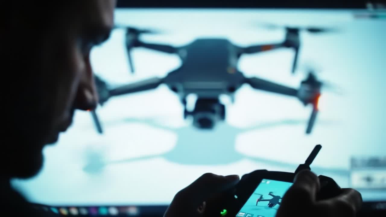 Exploring Advanced Drone Technology: A Focused Individual Interacting with a Remote Controller and Display of a High-Performance Drone in a Dimly Lit Environment