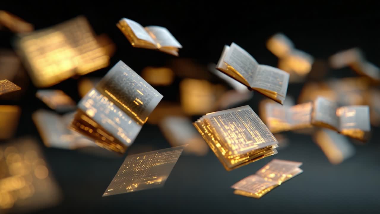 A Breathtaking Display of Floating Books Glimmering with Enigmatic Textures and Light, Signifying Knowledge and the Power of Imagination in Motion